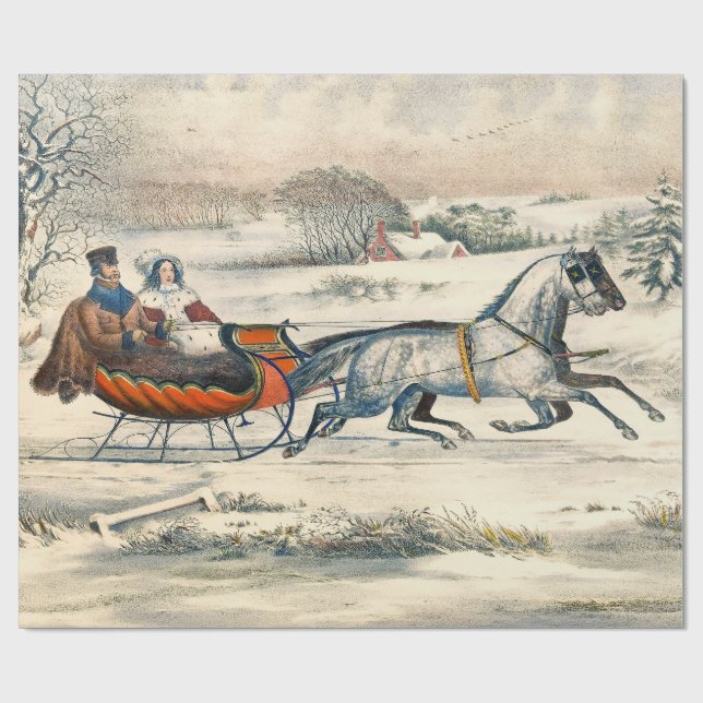 Classic 1853 Sleigh Ride Currier Ives Road Winter Wrapping Paper (Flat)