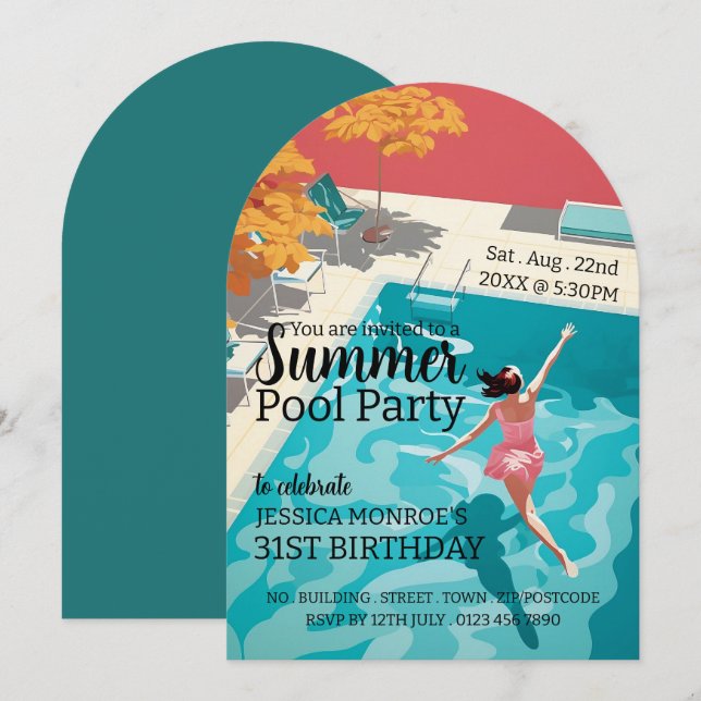 Classic 1950's Style Pool Party Birthday  Invitation (Front/Back)