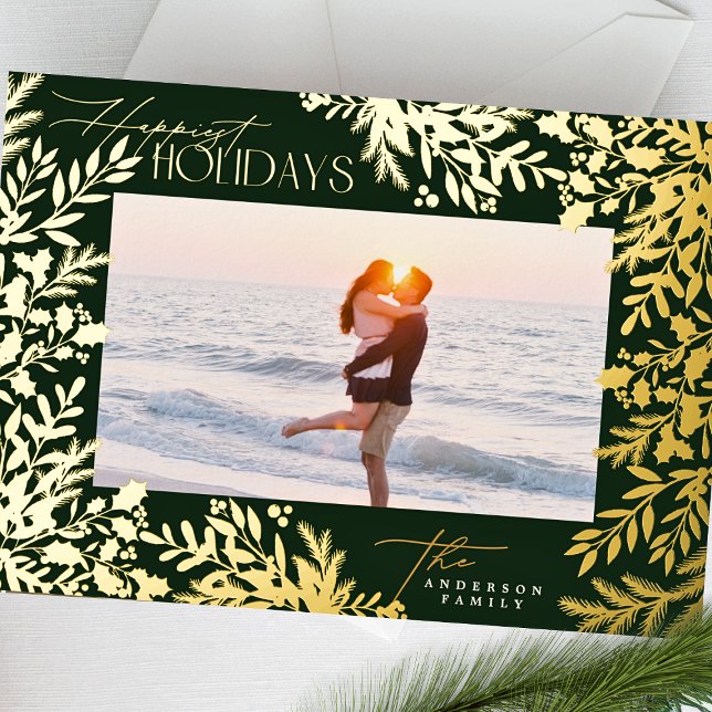 Classic 1 Frame Photo Botanical Christmas Gold Foil Holiday Card (Creator Uploaded)