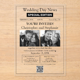 Classic 2 Black and White Photos Newspaper Wedding Acrylic Invitations
