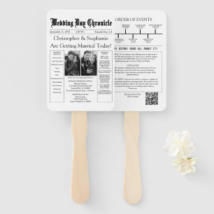 Classic 2 Photo QR Code Newspaper Wedding Program Hand Fan