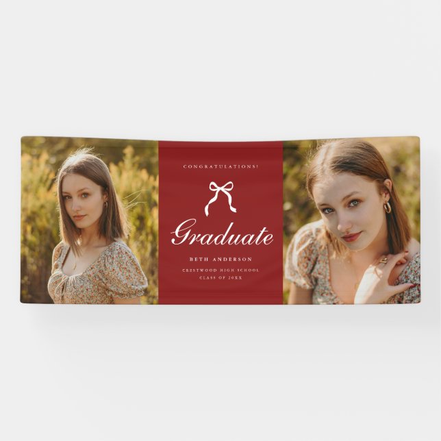 Classic 2-Photo Script Coquette Graduation Party Banner (Horizontal)