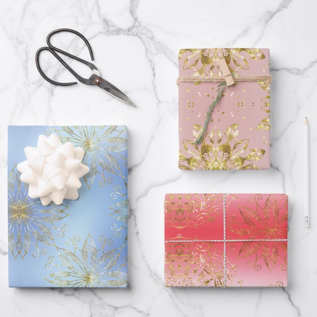 Classic 3 Colour holiday Snowflakes Christmas Wrapping Paper Sheet (Front)