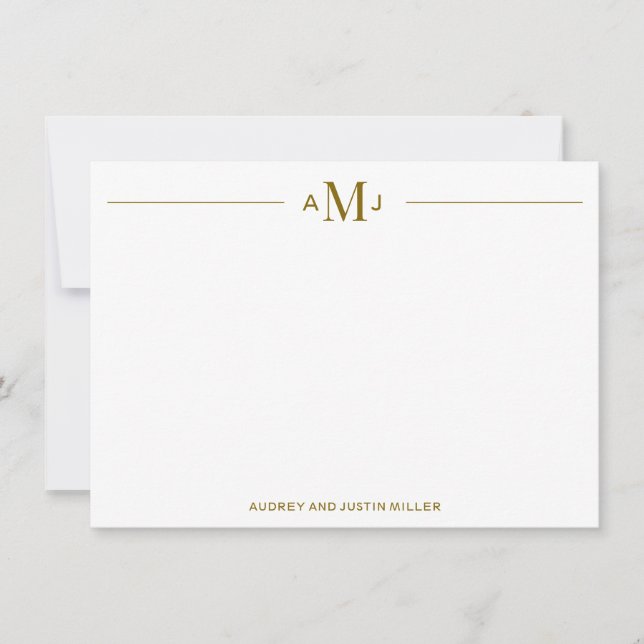 Classic 3-Letter Monogram, Gold Personalised Flat Card (Front)