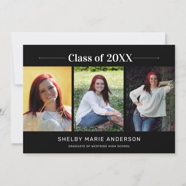 Classic 3 Photos Black Background Graduation Party Invitation (Front)