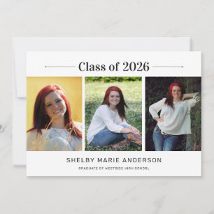 Classic 3 Photos White Graduation Party Invitation