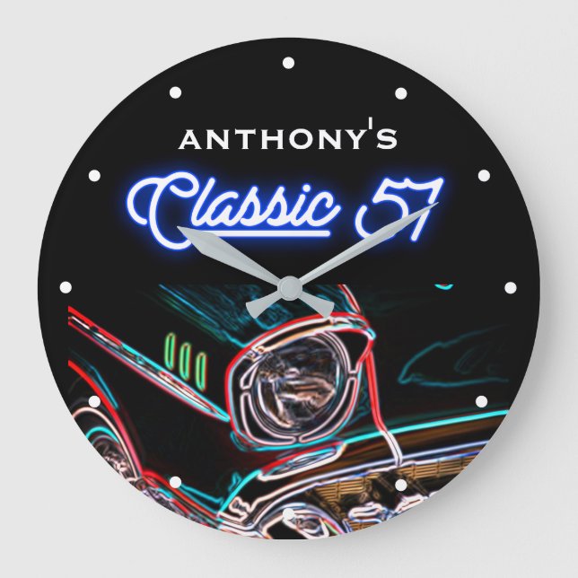 Classic 57 1957 Chevy Neon Effect Car Black Retro Large Clock (Front)
