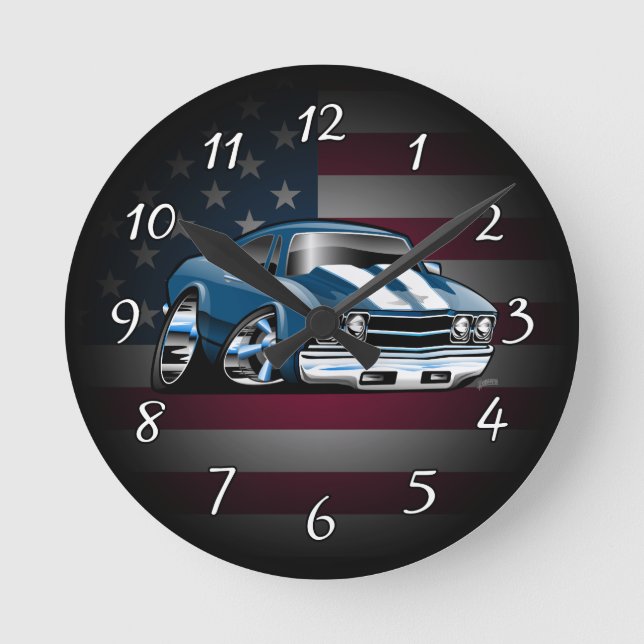Classic 60’s American Muscle Car Cartoon Round Clock (Front)