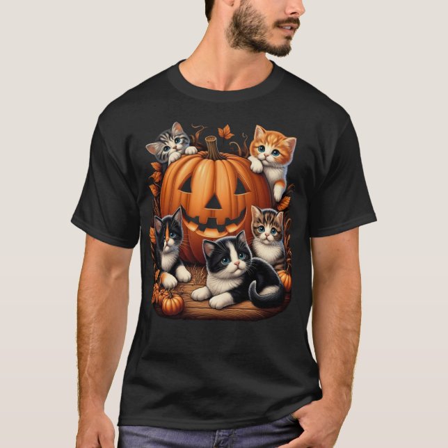 Classic 90S Cat Pumpkin Halloween Retro Floral Spo T-Shirt (Front)