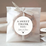 Classic A Sweet Thank You Heart Wedding Name Favou Classic Round Sticker<br><div class="desc">A Classic Black Thank You Wedding Sticker featuring "A Sweet Thank You" in a classic modern elegant font. 
You can easily personalised it with your names and wedding date.</div>