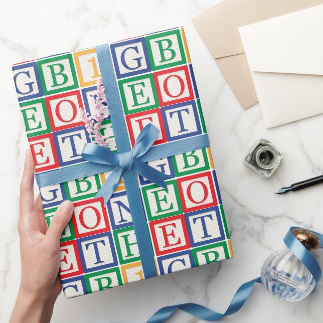 Classic ABC Blocks Primary Colour Repeating Patter Wrapping Paper (Gifting)