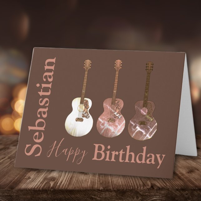 Classic Acoustic Guitars Rustic Personalised Card (Rustic acoustic guitar personalized happy birthday greetings card for guitarists musicians and music)