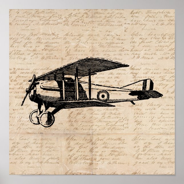 Classic Aeroplane Antique Aviation Art Script Pape Poster (Front)