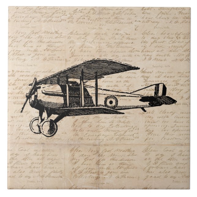 Classic Airplane Antique Aviation Art Script Paper Ceramic Tile (Front)
