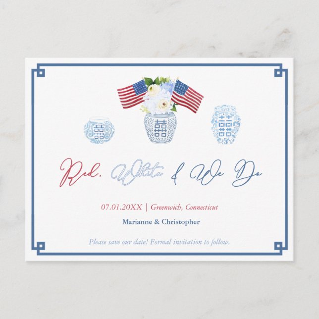 Classic All American Red White We Do Save The Date Announcement Postcard (Front)