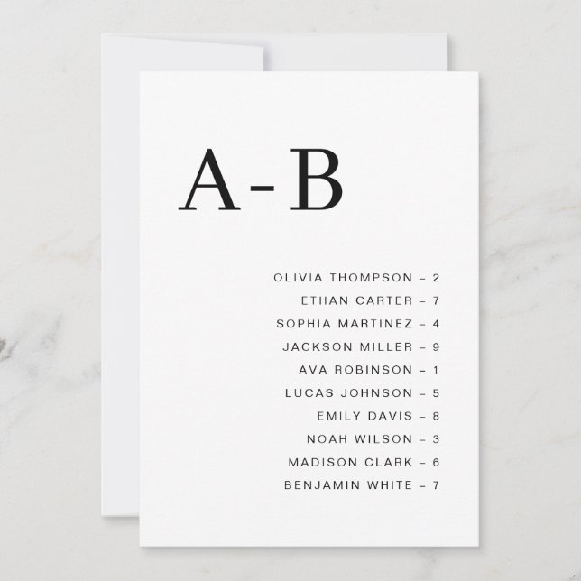 Classic Alphabetical Wedding Seating Chart Card (Front)
