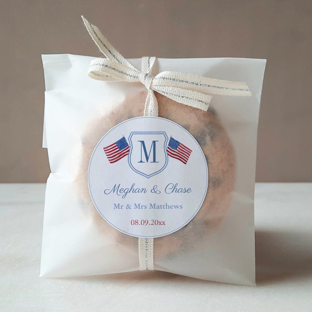 Classic American Flag Monogram Wedding Favour Classic Round Sticker (Red White And Blue USA Flags Monogram Wedding Crest Favor Thank You Sticker )