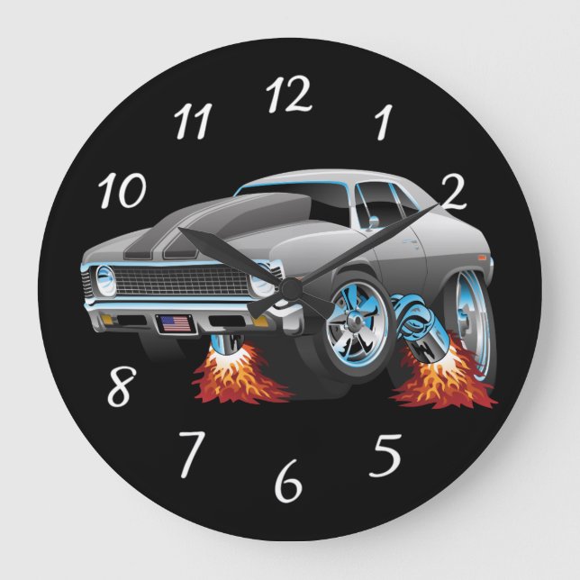 Classic American Muscle Car Hot Rod Cartoon Large Clock (Front)
