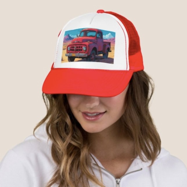 Classic American Pickup  Trucker Hat (Retro Red Pickup Trucker Hat   Adjust from 17" to 24" 100% polyester foam front 100% nylon mesh back)
