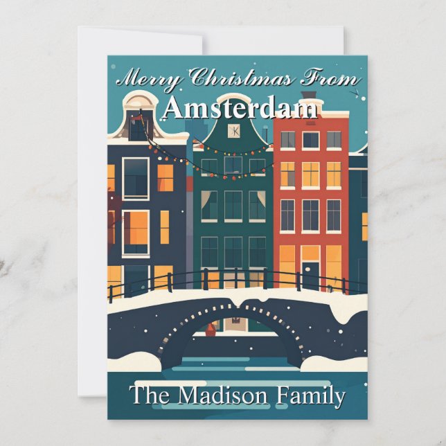 Classic Amsterdam Christmas Family Canal Houses Holiday Card (Front)