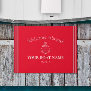 Classic Anchor and Boat Name Bright Red Nautical Doormat