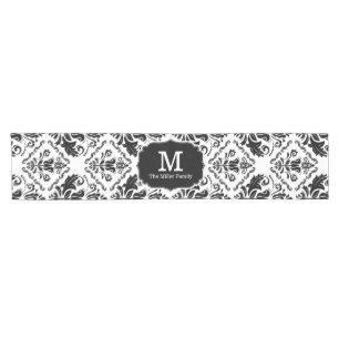 Classic and Chic Black White Damask Monogram Name Short Table Runner