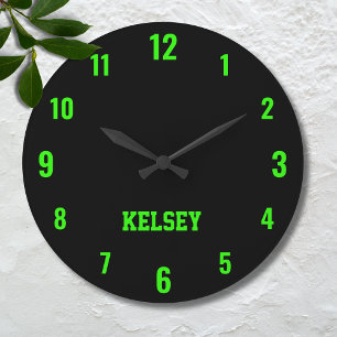 Classic and Elegant Black and Neon Green Name Large Clock