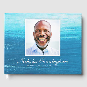 Classic and Simple Photo Blue Watercolor Memorial Guest Book