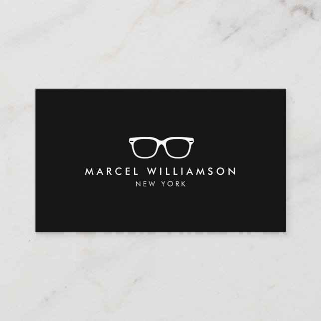 Classic and Simple White Eyeglasses Logo on Black Business Card (Front)