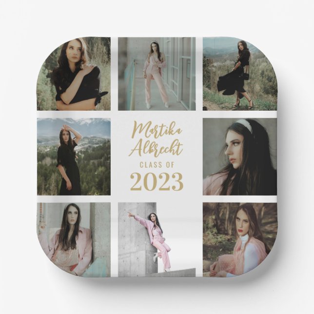 Classic and Simple White | Graduation Photo Grid Paper Plate (Front)