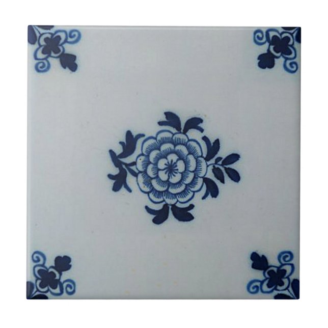 Classic Antiquarian Delft Blue Tile - Floral Motif (Front)