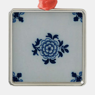 Classic Antiquarian Delft Blue Tile - Floral Motif Metal Ornament