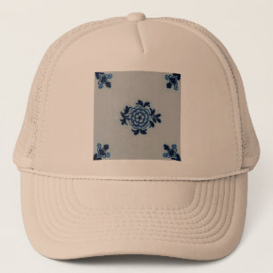 Classic Antiquarian Delft Blue Tile - Floral Motif Trucker Hat