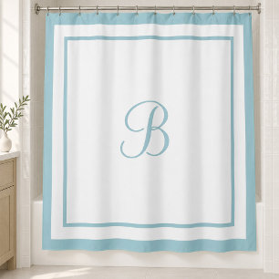Classic Aqua Blue Border Script Monogram Letter Shower Curtain