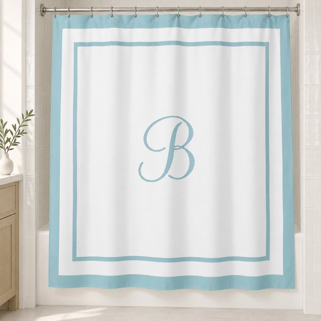 Classic Aqua Blue Border Script Monogram Letter Shower Curtain (Creator Uploaded)