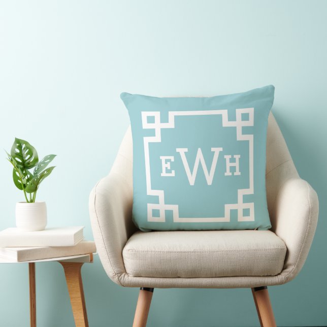 Classic Aqua Greek Key Monogram Initial Cushion (Chair)