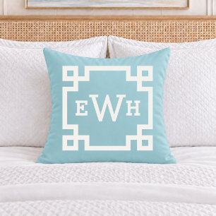 Classic Aqua Greek Key Monogram Initial Cushion