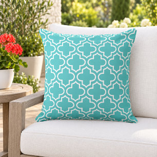 Classic Aqua White Quatrefoil Trellis Cushion