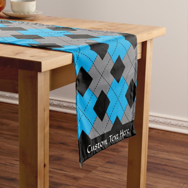 Classic Argyle Blue Black Diamond Personalised Short Table Runner (In Situ)
