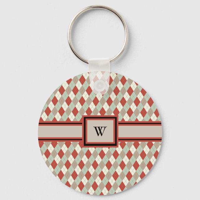 Classic Argyle, Red Tan Green Cream Monogrammed  Key Ring (Front)