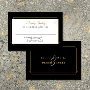 Classic Art Deco Black and Gold Wedding RSVP Card