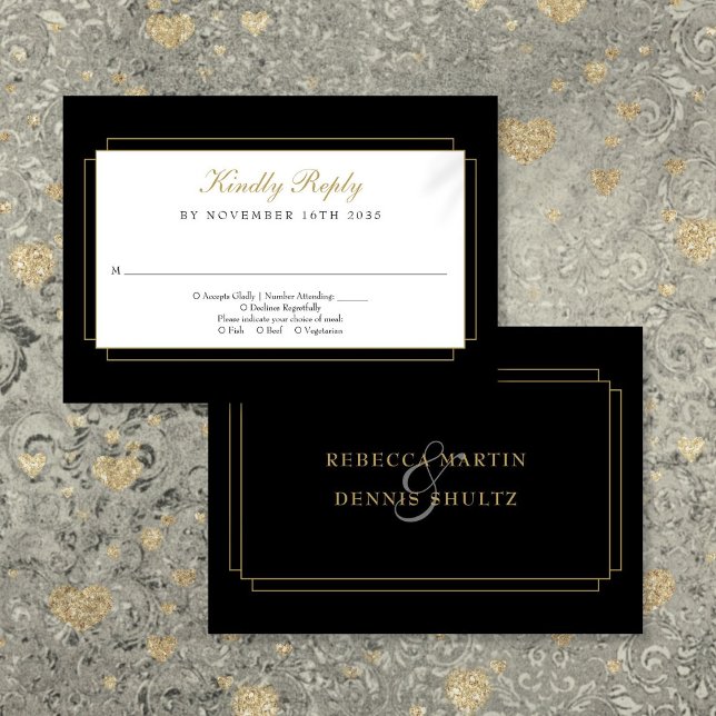 Classic Art Deco Black and Gold Wedding RSVP Card (Classic Art Deco Black and Gold Wedding RSVP Card)