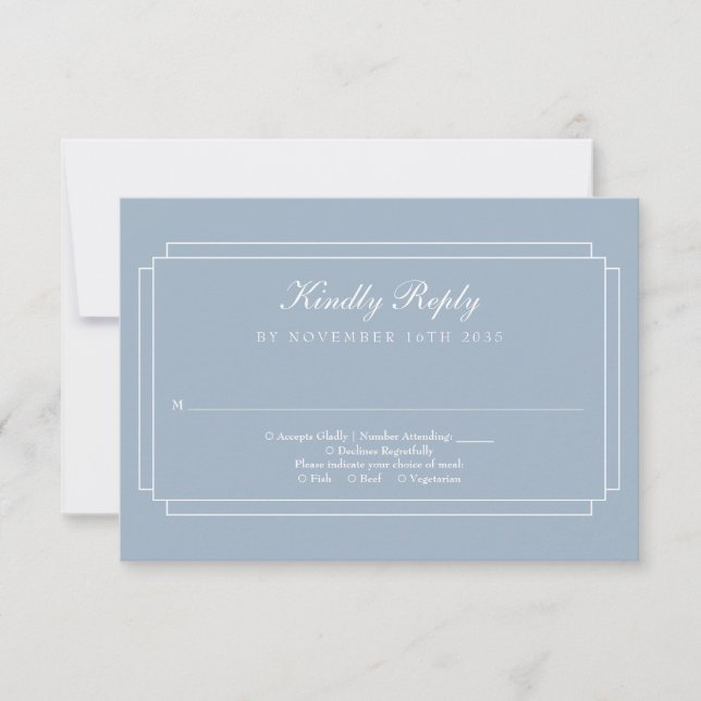 Classic Art Deco Dusty Blue Wedding RSVP Card (Front)