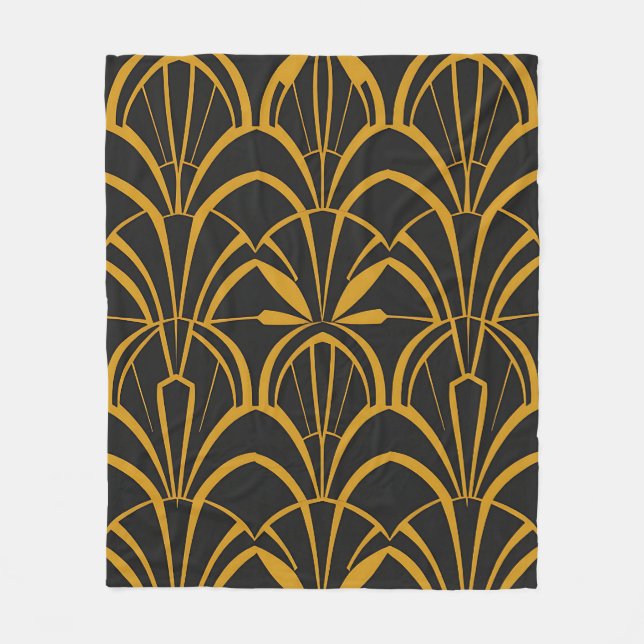 Classic Art Deco Fan Pattern Black Gold Roaring  Fleece Blanket (Front)