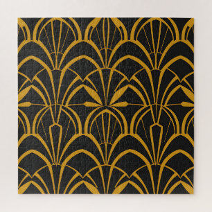 Classic Art Deco Fan Pattern Black Gold Roaring Jigsaw Puzzle