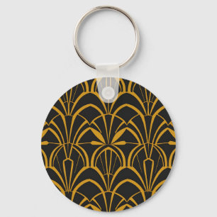 Classic Art Deco Fan Pattern Black Gold Roaring Key Ring