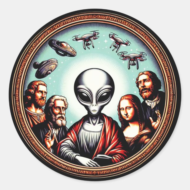Classic Art Meets Alien Humor Funny SciFi Portrait Round Sticker (Front)