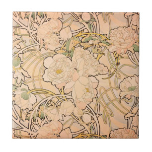 Classic Art Nouveau Peony Garden Pattern by Mucha Ceramic Tile