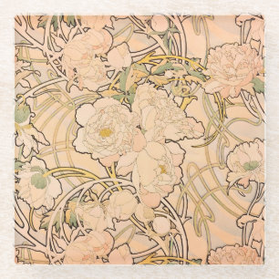 Classic Art Nouveau Peony Garden Pattern by Mucha Glass Coaster