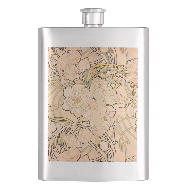 Classic Art Nouveau Peony Garden Pattern by Mucha Hip Flask (Front)